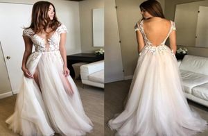 100 echt beeld sexy split tule kanten prom jurken v nek dop mouwen witte champagne vloer lengte backless avondjurken formeel d1795615