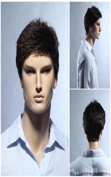 100 vrais cheveux naturels hommes court complet vierge noir perruque postiche toupet RJ3645998422