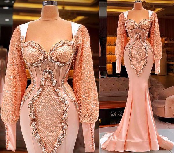 Tallas grandes Árabe Aso Ebi Sirena lujosa Vestidos de baile sexy Rosa melocotón Con cuentas de encaje Mangas largas Noche Fiesta formal Segunda recepción Vestidos Vestido CG001