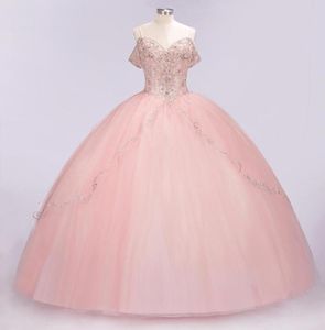 100 images réelles de luxe bébé rose dentelle appliqué robe de bal Quinceanera robes élégantes épaule bal robe de soirée formelle Par9288867