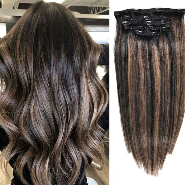 100% Real Remy Human Hair Clip in Hair Extensions Balayage Highlight Skin Weft Straight Clips ins Extension120g