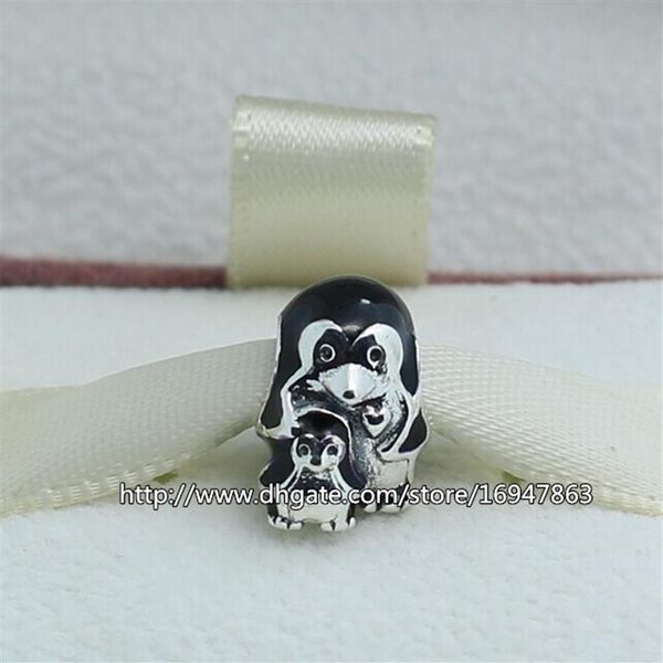 100% S925 Sterling Silver Penguin Family Charm Bead con esmalte negro Se adapta a la joyería Pandora europea Pulseras Collares Pendant336U