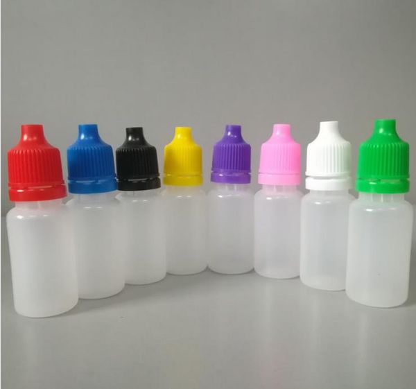 100 set/lote 10ml botellas cuentagotas de plástico a prueba de manipulaciones tapas dobles a prueba de niños puntas de agujas largas y delgadas e líquido para cigarrillos de Vapor