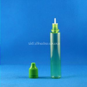 100 Sets / Lot 30ml UNICORNIO VERDE Frascos cuentagotas de plástico A prueba de manipulaciones a prueba de niños Punta larga y delgada e Liquid Vapor Juice e-Liquide 30 ml Gklv