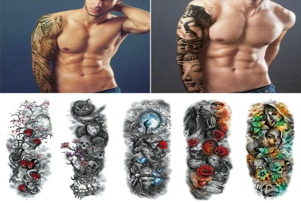 100 hojas de tatuaje de manga de brazo grande, corona de león, rey, rosa, tatuaje temporal a prueba de agua, pegatina, lobo salvaje, tigre, hombres, tótem de calavera completa Tat8329729