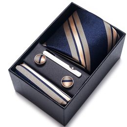 100% Silk Brand Tie zakdoek Cufflink Set voor mannen stropdas cadeau -doos blauw gouden pak accessoires slanke bruiloft Gravatas 220922
