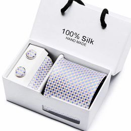 100% Silk Jacquard Coldie White White Geometric Tie Hanky Cuffink Set Ties for Men Gravatas Business Wedding Party Wholesale 240511