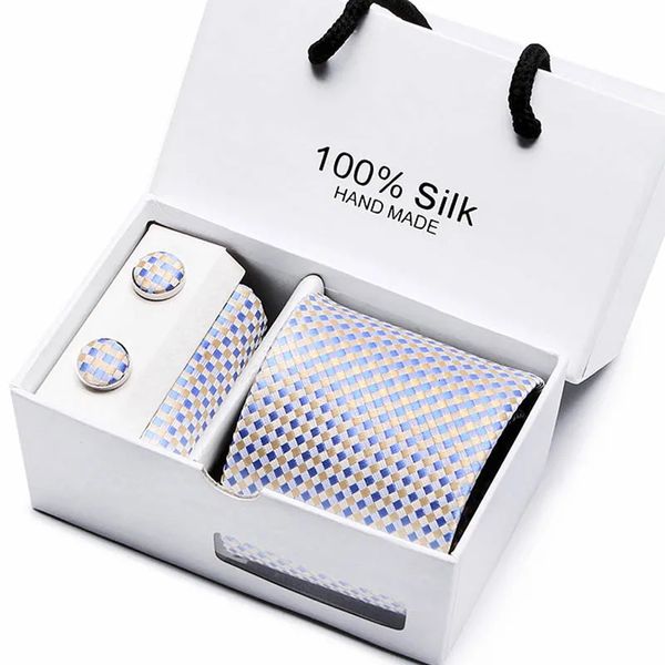 100% Silk Jacquard Coldie White Géométrique Tie géométrique Hanky Cufflink Set Ties for Men Gravatas Business Wedding Party Wholesale 240517