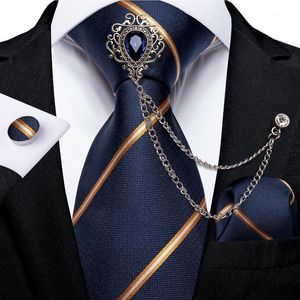 Stropdassen 100% Zijde Luxe Heren Blauw Oranje Gestreept Stropdas Pocket Square Mannen Bruiloft Party Tie Accessoires Broche Chain DIBOORD1