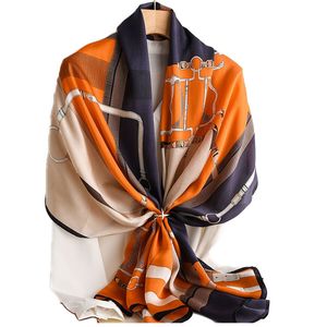 Foulard 100% Soie Femme Long Châle Wraps Ceinture Motif Orange Bleu 173CM