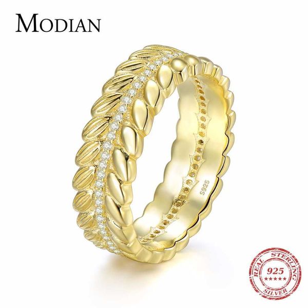 100% sólido 925 plata esterlina Color oro Lucky Tree Leaf Anillo de dedo apilable para mujeres Joyería de aniversario de moda 210707