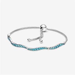 100% corrente de ligação brilhante azul ondulado slider pulseiras 925 prata esterlina ajustável zircônia cúbica pulseira moda feminina casamento 236m