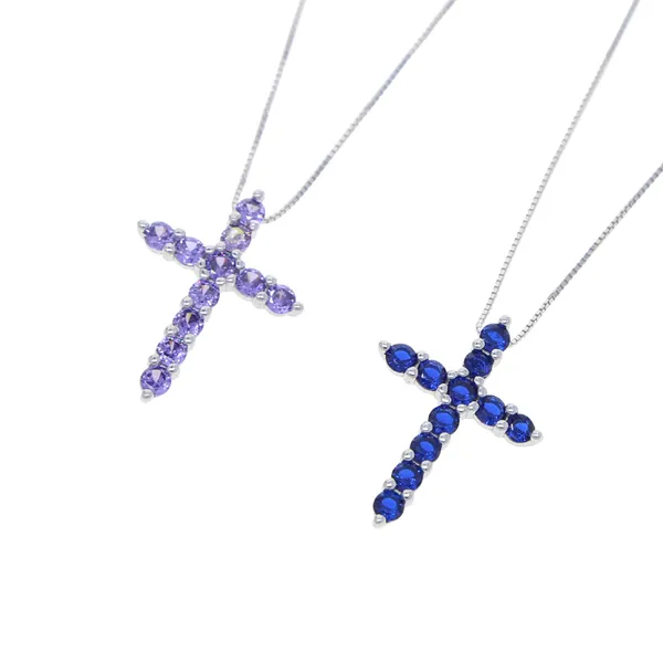 100% Sterling Sier croix collier glace sur Bling CZ violet bleu cubique zircone X forme pendentif colliers femmes bijoux