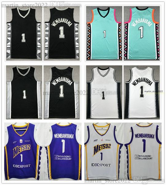 100% Cousu 1 Victor Wembanyama Basketball Maillots Hommes Noir Blanc Vert Collège Sports Chemises Broderie