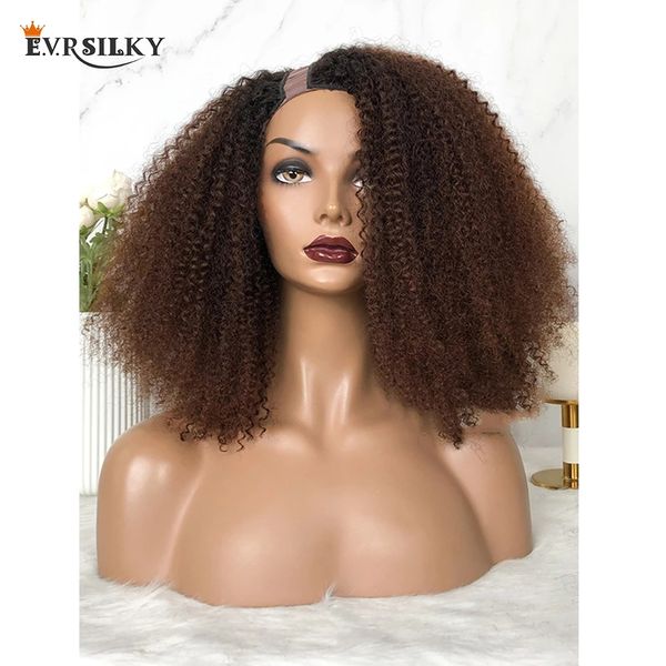 100% sin procesar Color marrón oscuro Afro rizado lado U parte peluca para mujeres pelucas de cabello humano 1X4 forma de U brasileño Remy sin pegamento