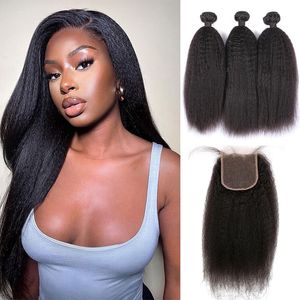 Virgin Kinky Straight Human Hair 3 Bundles with 4x4 Lace Closure 100 Virgin Yaki Human Hair Bundle and Closure Free Part Greatremy 30inch Long Length Natural Looking