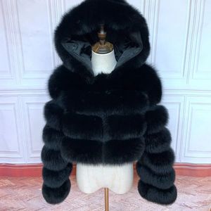 100% hiver femmes réel manteau de fourrure de renard épais chaud de haute qualité manches complètes fourrure naturelle mode à capuche veste courte 240122