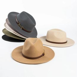 100% laine jazz fedora chapeau femmes mode ceinture décontractée ceinture en métal boucle décorative en laine large fedoras fedoras joueur de bowler chaude capride 240423