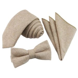 100% Wol Herenstropdassen Strikje Pochet Beige Zakdoek Smalle Stropdassen Hanky Pak Set Voor Mannen Zakelijk Bruiloft Gravata 240111