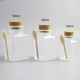 100 x vide 100g 200g 300g sel de bain carré bouteille 200ml poudre bouteille en plastique avec pot en liège bois cuillèrebonne qualité