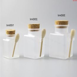 100 x vide 100g 200g 300g bouteille de sel de bain carrée 200ml bouteille en plastique de poudre avec pot en liège cuillère en boisgood Tkmul