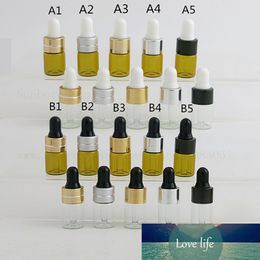 100 X Mini botellas cuentagotas de vidrio transparente ámbar de viaje de 3ML con tapa de aluminio de oro negro botella de muestra de líquido y aceite esencial