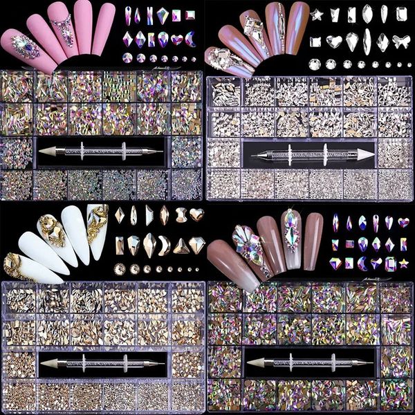 Ensemble de décorations en cristal de strass pour Nail Art, diamant brillant, verre AB, 1 pièce, stylo de ramassage dans une boîte à grilles, forme 21, 1000/3100 pièces, 240301