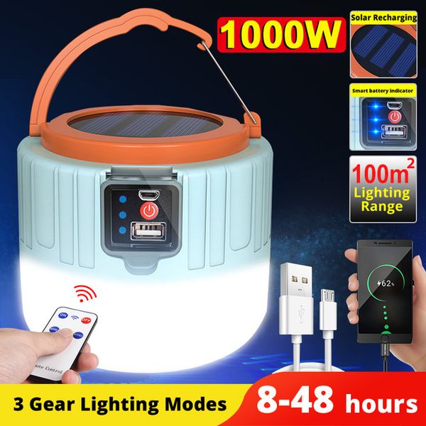 1000 Watts Solaire LED Camping Lanterne Lumière Portable Lanternes Lumières De Secours Pour BBQ Randonnée USB Rechargeable Ampoule