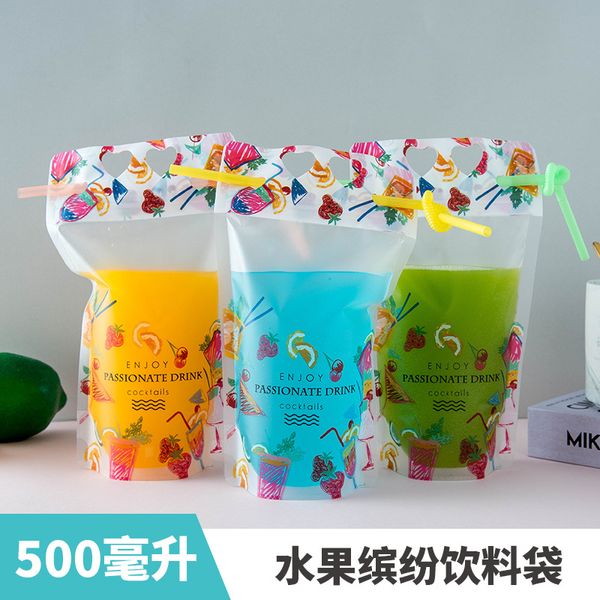 1000 X Bolsas transparentes para bebidas estilo fruta con pajitas Cremallera resellable Bolsas de plástico de pie Bolsas Contenedor de bebida desechable translúcido de mano de 500 ml