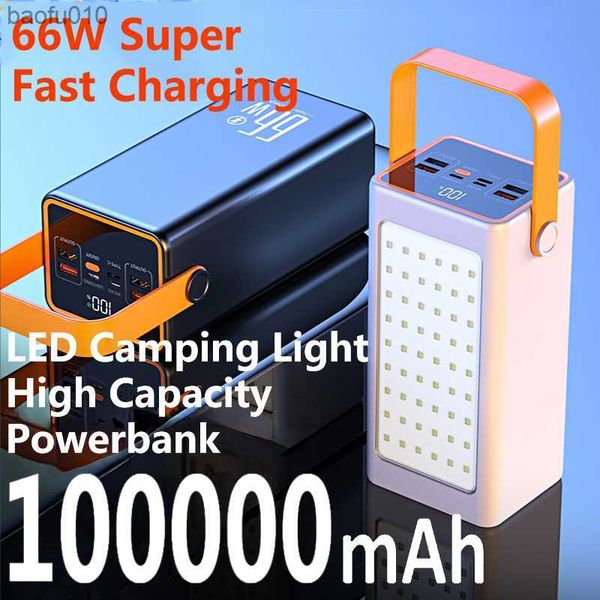 100000mAh Banque électrique haute capacité 66W Chargeur rapide Powerbank pour iPhone ordinateur portable batte externe LED Camping Light Lampe de poche L230619