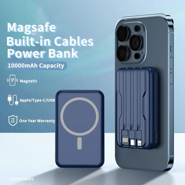 10000 mah LED affichage magnétique Qi sans fil charge rapide banque d'alimentation dans les câbles batterie externe portable Magsafe pour iPhone Samsung Xiaomi