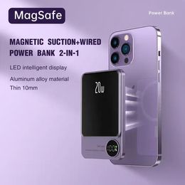 10000 мАч Macsafe 2 в 1 Магнитный блок питания PD20W 15 Вт Беспроводное металлическое быстрое зарядное устройство Внешний вспомогательный аккумулятор для Magsafe iPhone 15 14 13 со светодиодным дисплеем