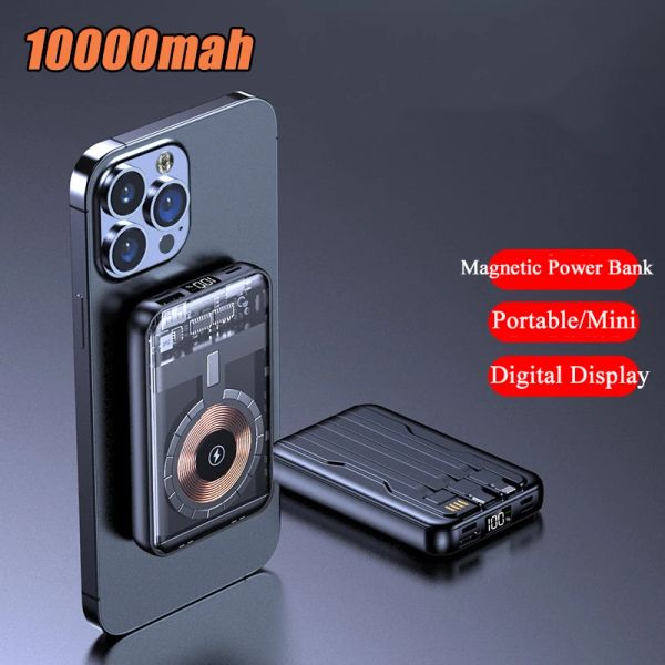Chargeur magnétique sans fil Qi 10000mAh, batterie d'alimentation transparente pour iPhone série 14 13 12, Mini Powerbank pour Xiaomi Huawei Samsung