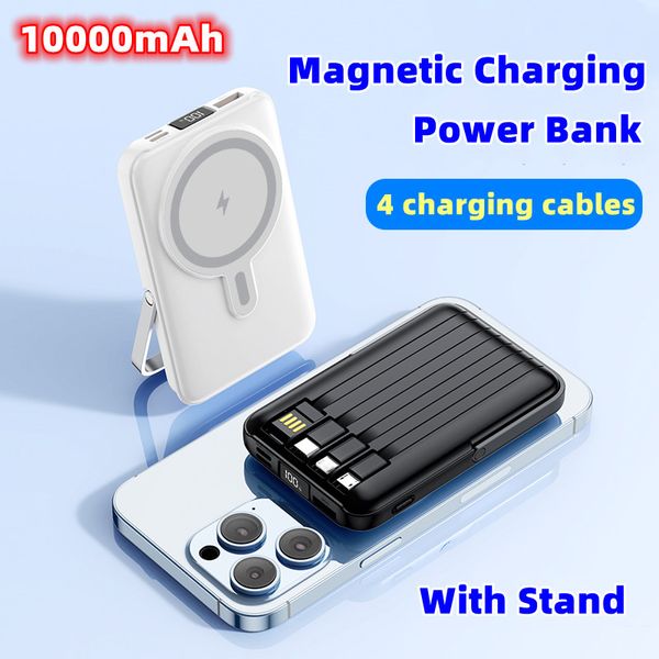 Banque d'alimentation magnétique sans fil 10 000 mAh, charge rapide, pour iPhone, Samsung, Xiaomi, Huawei, téléphone portable, banque d'alimentation externe portable avec 4 câbles