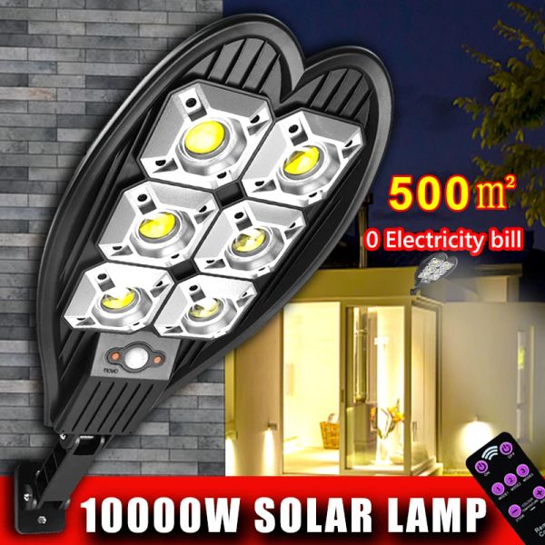 Lampadaire solaire d'extérieur 10000W, alimenté par la lumière du soleil, étanche, capteur de mouvement PIR, éclairage de jardin, télécommande intelligente