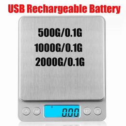 1000g/0,1g 500g/0,1g 2000g/0,1g LCD Draagbare USB Oplaadbare Batterij Mini Elektronische Digitale Weegschaal Zakkoffer Postkeuken Nauwkeurigheid Sieraden Droog kruid Gewichtsapparaat