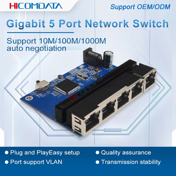 HICOMDATA 1000M Mini conmutador de escritorio de 5 puertos conmutador de red Ethernet rápido Gigabit LAN Hub RJ45 conmutación Ethernet PCBA