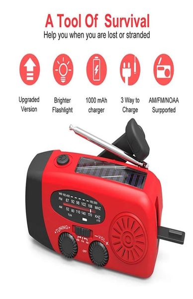 Radio de mano de 1000 mAh, dinamo de manivela solar, alimentado por AMFMNOAA, radio meteorológica, uso de linterna LED de emergencia y cargador USB de banco de energía 7675413