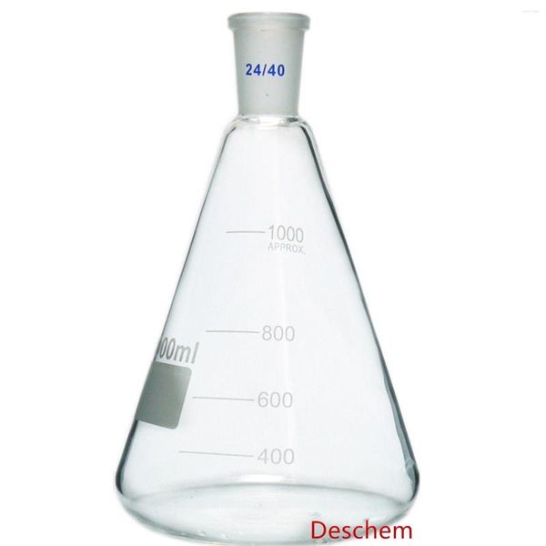 Frasco Erlenmeyer de vidrio 1000ml 24/40, botella cónica de 1L, cristalería química de laboratorio
