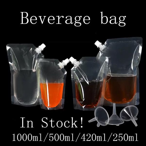 1000ml / 500ml / 420ml / 250ml Sac d'emballage de boisson en plastique debout Pochette à bec pour boissons Liquide Jus Lait Café Sacs de stockage 200 pcs