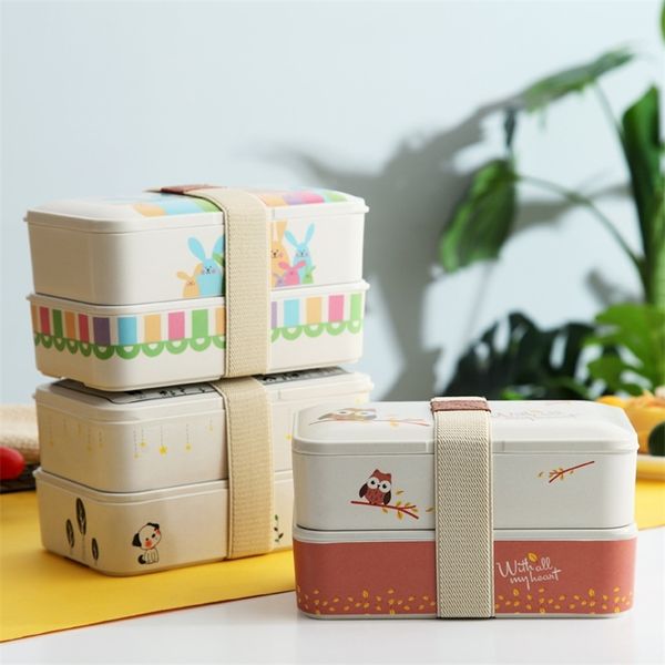 1000ml Double-couche Fibre De Bambou Enfant Bento Box École Bureau Voyage Randonnée Camping Boîte À Lunch Étanche Alimentaire Conteneur 210818