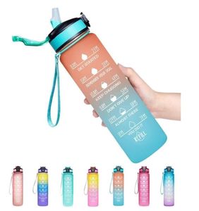 1000 ml dégradé de couleur ouverture en un clic couvercle à ressort rabattable 32 OZ bouteille d'eau de sport de plein air de remise en forme de motivation avec marqueur de temps 3970278