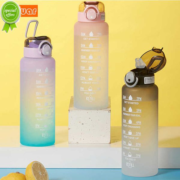 1000ml Gradient Water Bottle Sports Frosted Cup Avec Paille Marqueur de Temps Bouteille Potable Anti-Fuite Bounce Couvercle Cruches Grande Capacité