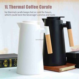 1000 ml Thermo-Kaffeekaraffe, doppelwandig, Vakuum, heißes, kaltes Wasser, Thermoskanne mit Holzgriff, Wasserkocher, isolierte Flasche, Teeflasche L230620
