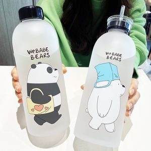 1000 ml Bouteilles D'eau Mignon Panda Ours Tasse Avec Paille Transparent de Bande Dessinée Bouteille D'eau Verres Givré Tasse Anti-Fuite