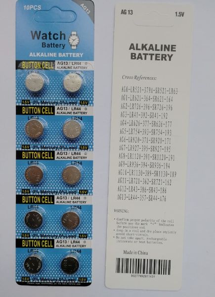 1000 paquetes AG13 LR44 A76 batería 1,5 v pilas de botón alcalinas 10 piezas por paquete de tarjeta blister 0% Hg Pb AG13