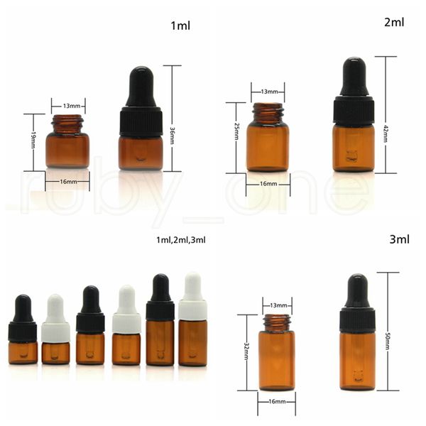 1000pc 1ml 2ml 3ml Flacons compte-gouttes en verre ambré Bouteille d'huile essentielle Petits flacons de parfum Échantillonnage Bouteille de stockage Outils RRA1981