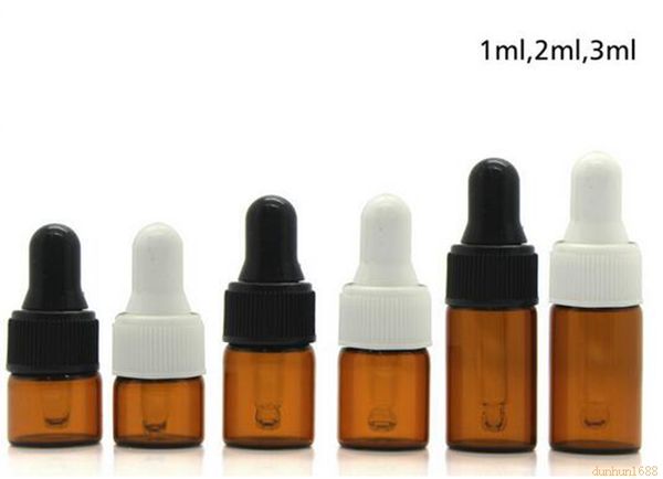 1000pc 1ml 2ml 3ml Ambre verre bouteilles compte-gouttes w / bouchon blanc noir bouteille d'huile essentielle, petits flacons de parfum, d'échantillonnage de stockage # 5