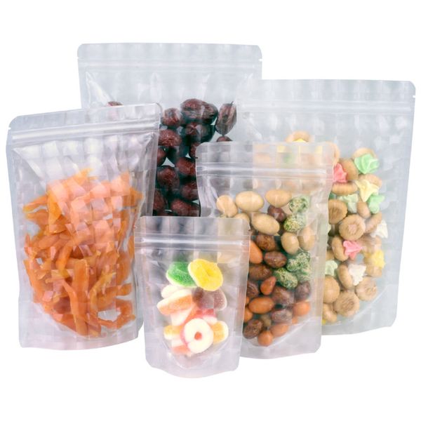 1000 pièces 3D en plastique transparent debout fermeture à glissière paquet sac recyclable fermeture éclair auto-scellable pochettes biscuits sac de stockage des aliments