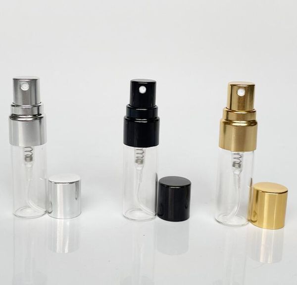 1000 pièces 3ML voyage bouteille de parfum en verre rechargeable avec pulvérisateur UV pompe cosmétique vaporisateur atomiseur argent noir or bouchon